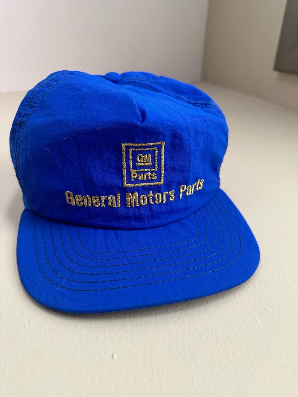 Vintage General Motors Parts GM Bright Blue and Sparkly Gold Embroidered Cap